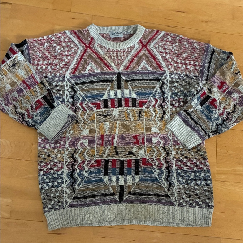 Vintage 90s Textured Knit Sweater Multicolor Geometric Pattern